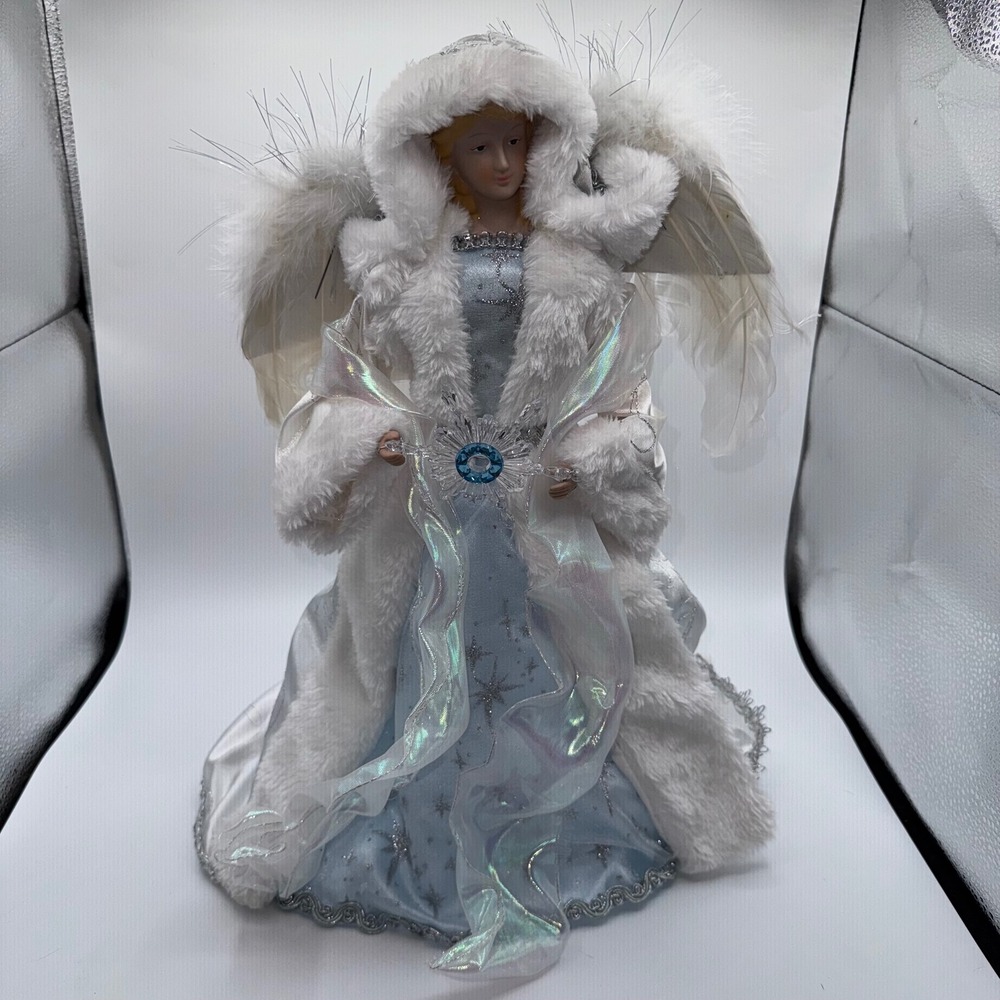 Christmas Tree‎ Topper Angel White Faux Fur Blue Gown Glitter Stars Ice Queen - Picture 12 of 12
